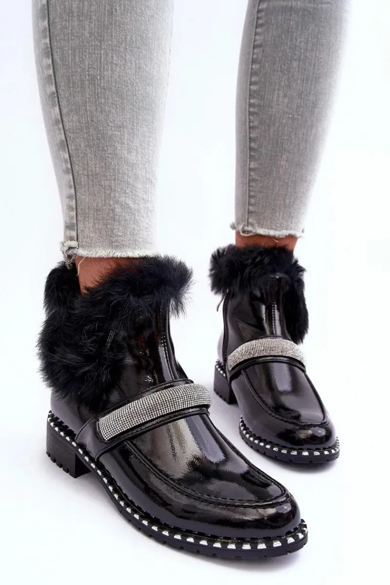 Outlet Niskie Botki Lakierowane Z Futerkiem I Ozdobą S.Barski MR870-74 Czarne Damskie Botki Ocieplane|Czarne Botki