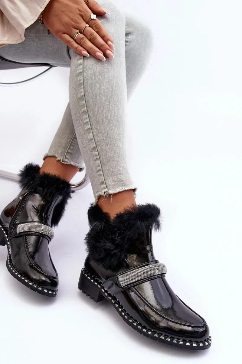 Outlet Niskie Botki Lakierowane Z Futerkiem I Ozdobą S.Barski MR870-74 Czarne Damskie Botki Ocieplane|Czarne Botki