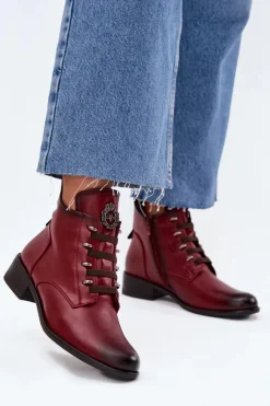 New Niskie Botki Ocieplane Na Zamek Z Ozdobą Bordowe Nevalia Damskie Botki Ocieplane|Czarne Botki