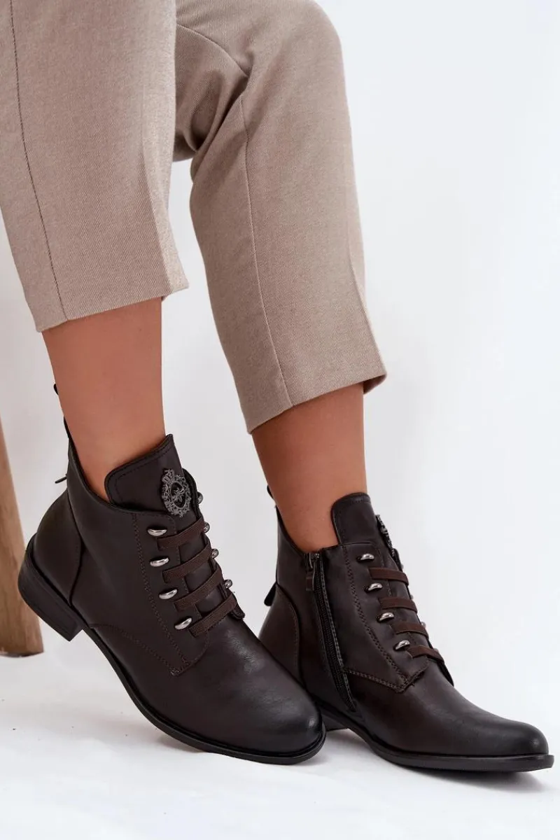 Outlet Niskie Botki Ocieplane Na Zamek Z Ozdobą Brązowe Nevalia Damskie Botki Ocieplane|Botki Zimowe Damskie