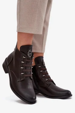 Outlet Niskie Botki Ocieplane Na Zamek Z Ozdobą Brązowe Nevalia Damskie Botki Ocieplane|Botki Zimowe Damskie