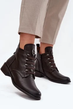 Outlet Niskie Botki Ocieplane Na Zamek Z Ozdobą Brązowe Nevalia Damskie Botki Ocieplane|Botki Zimowe Damskie