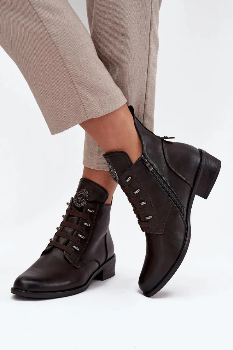 Outlet Niskie Botki Ocieplane Na Zamek Z Ozdobą Brązowe Nevalia Damskie Botki Ocieplane|Botki Zimowe Damskie