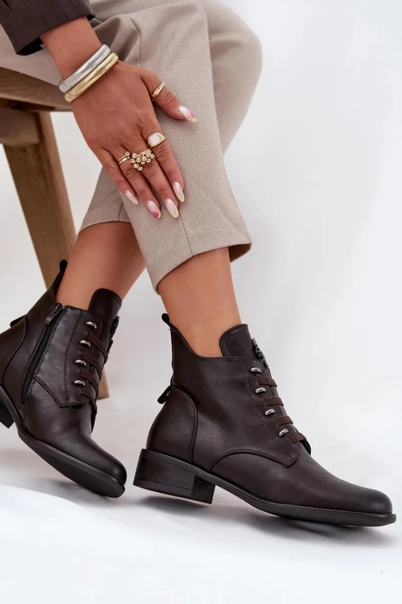 Outlet Niskie Botki Ocieplane Na Zamek Z Ozdobą Brązowe Nevalia Damskie Botki Ocieplane|Botki Zimowe Damskie