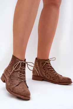 Botki Ażurowe|Brązowe I Beżowe Botki>Damskie buty S.Barski Niskie Botki Z Ażurowym Wzorem S.Barski HY51-185 Brązowe Brązowy
