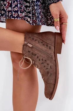 Botki Ażurowe|Brązowe I Beżowe Botki>Damskie buty S.Barski Niskie Botki Z Ażurowym Wzorem S.Barski HY51-185 Brązowe Brązowy