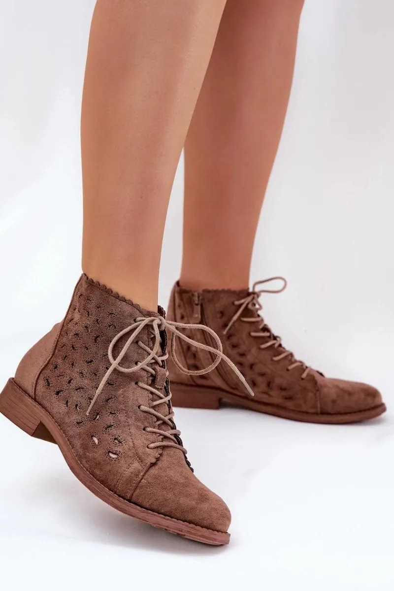 Botki Ażurowe|Brązowe I Beżowe Botki>Damskie buty S.Barski Niskie Botki Z Ażurowym Wzorem S.Barski HY51-185 Brązowe Brązowy