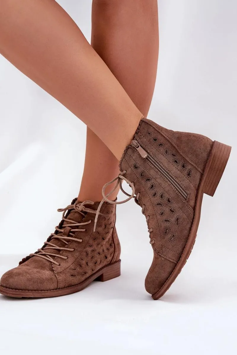 Botki Ażurowe|Brązowe I Beżowe Botki>Damskie buty S.Barski Niskie Botki Z Ażurowym Wzorem S.Barski HY51-185 Brązowe Brązowy