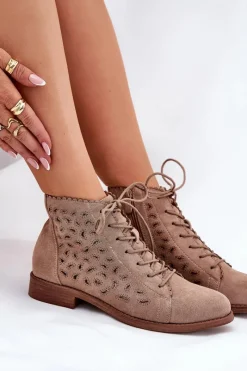 Hot Damskie buty S.Barski Niskie Botki Z Ażurowym Wzorem S.Barski HY51-185 Beżowe Beżowy