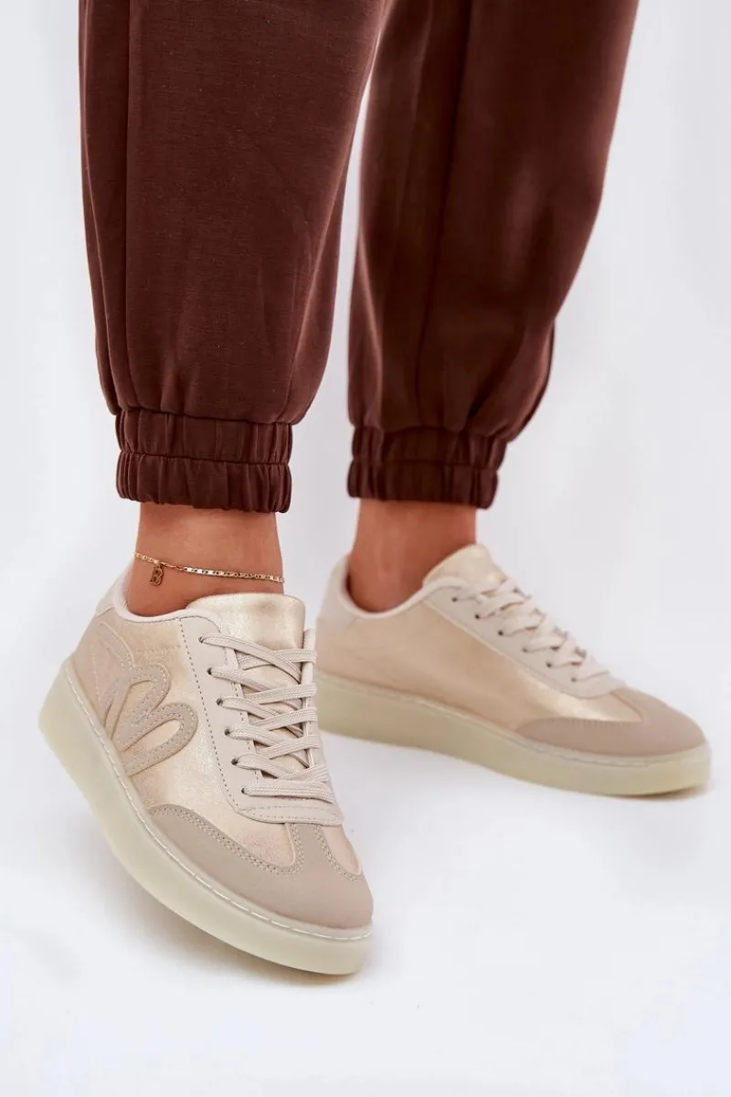 New Niskie Buty Sportowe Damskie Z Eko Skóry Złoto-Beżowe Iladira Damskie Sneakersy Damskie