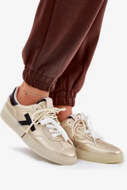 Sneakersy Damskie></noscript>Boto Niskie Buty Sportowe Damskie Złote Zelevelis Złoty