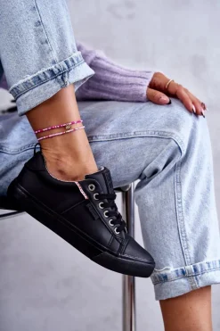 Online Big Star Shoes Niskie Damskie Skórzane Trampki Big Star KK274006 Czarne Czarny