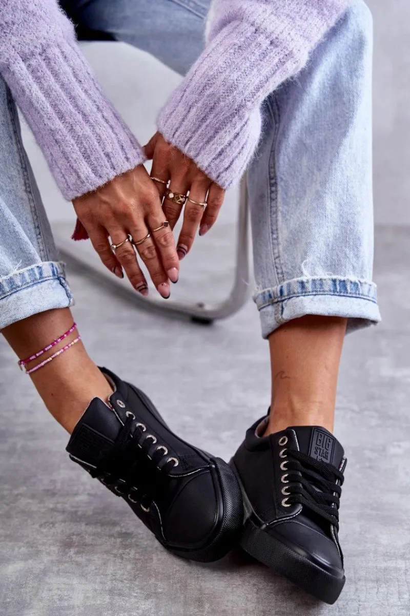 Online Big Star Shoes Niskie Damskie Skórzane Trampki Big Star KK274006 Czarne Czarny