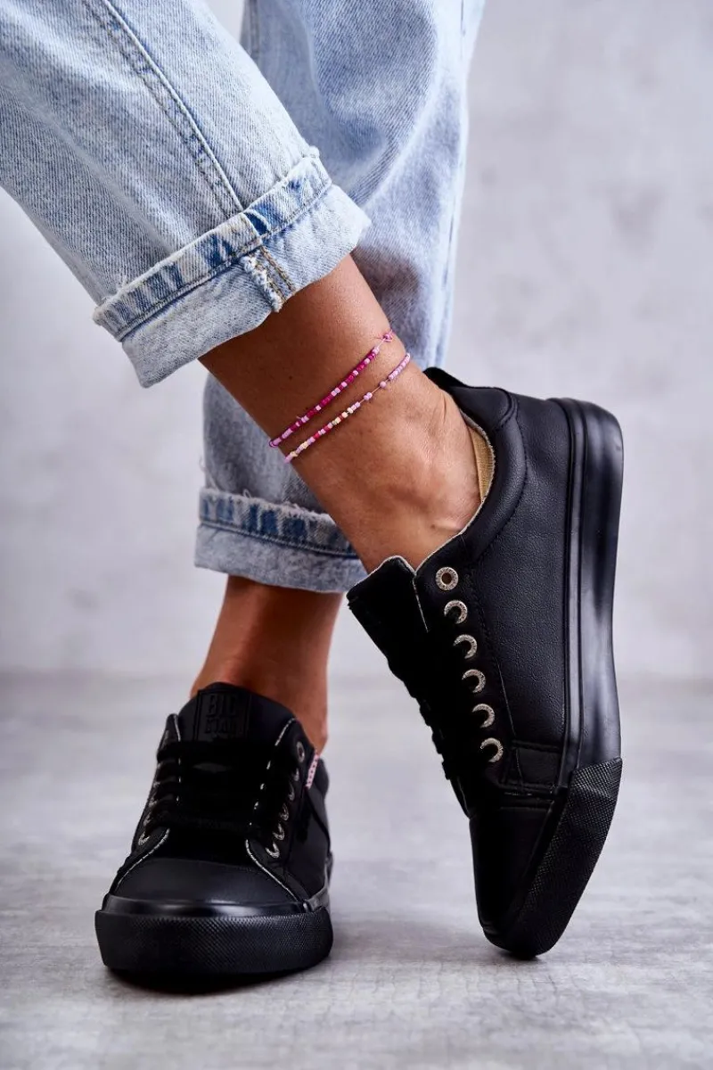 Online Big Star Shoes Niskie Damskie Skórzane Trampki Big Star KK274006 Czarne Czarny