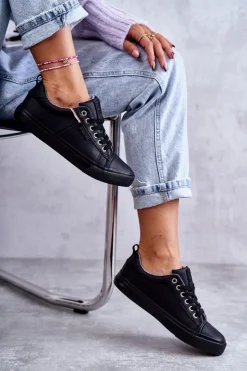 Online Big Star Shoes Niskie Damskie Skórzane Trampki Big Star KK274006 Czarne Czarny