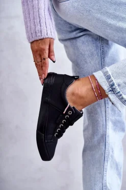 Online Big Star Shoes Niskie Damskie Skórzane Trampki Big Star KK274006 Czarne Czarny