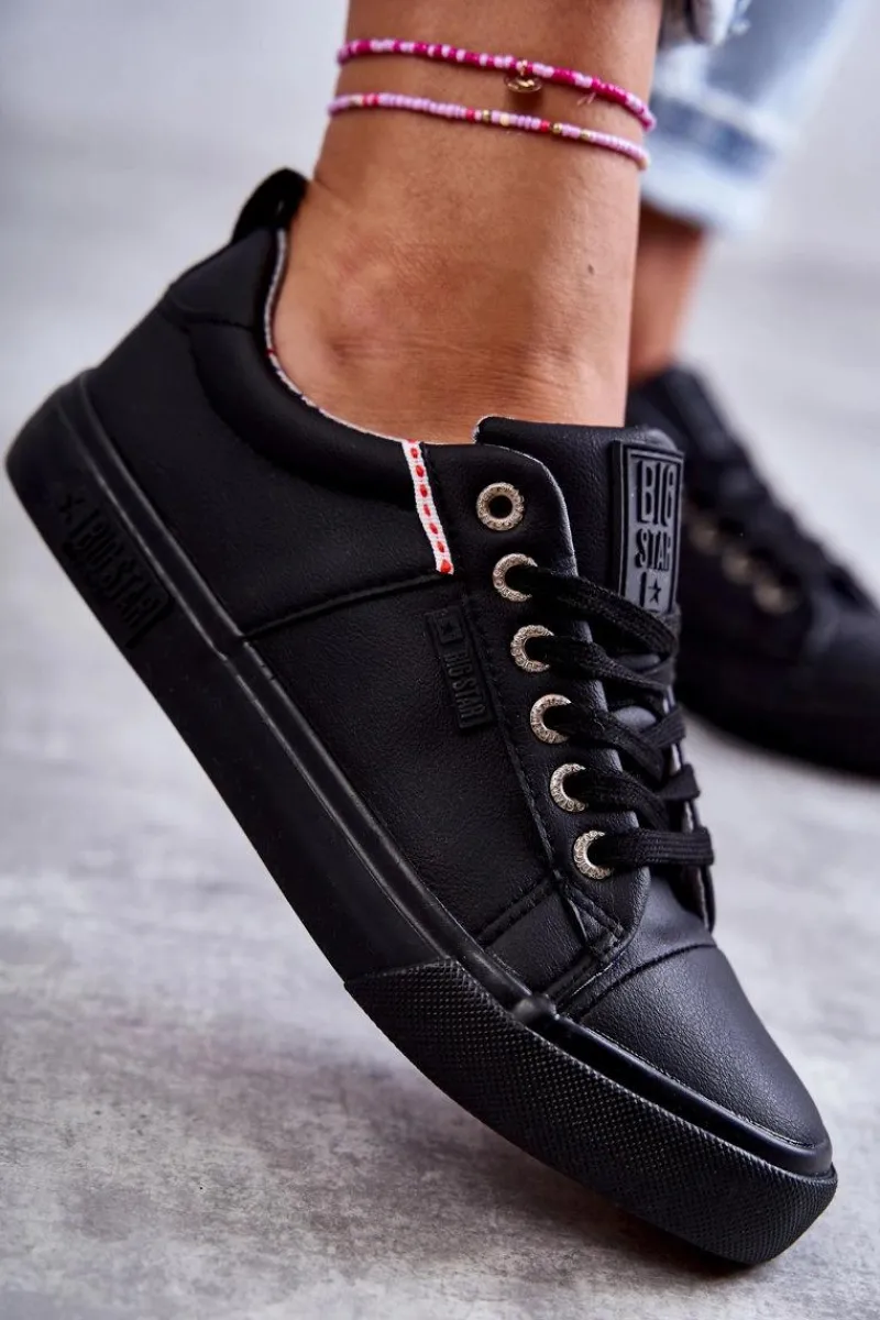 Online Big Star Shoes Niskie Damskie Skórzane Trampki Big Star KK274006 Czarne Czarny