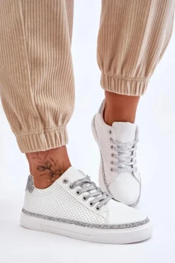 Sale Niskie Damskie Trampki Z Perforacją Biało-Srebrne Daxton Damskie Trampki Damskie Niskie