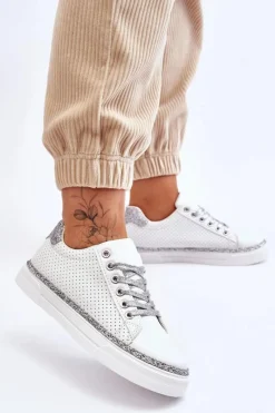 Sale Niskie Damskie Trampki Z Perforacją Biało-Srebrne Daxton Damskie Trampki Damskie Niskie