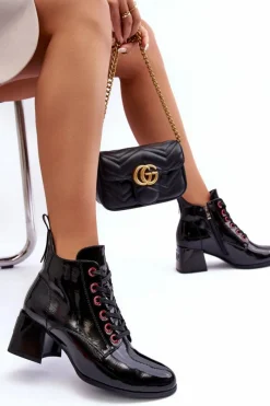 Sale Damskie buty S.Barski Niskie Lakierowane Botki Sznurowane S.Barski MR870-66 Czarne