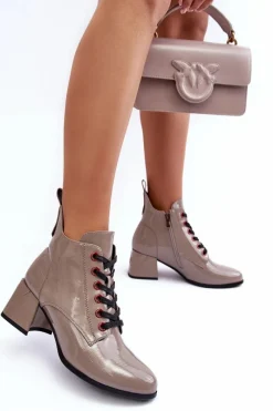 Outlet Niskie Lakierowane Botki Sznurowane S.Barski MR870-66 Ciemnobeżowe Damskie Botki Sznurowane|Botki Na Słupku