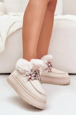 Śniegowce Damskie>Boto Niskie Śniegowce Damskie Na Platformie Z Futerkiem Jasnobeżowe Neathren Beżowy