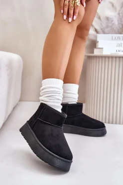 Śniegowce Damskie>Evento Niskie Śniegowce Damskie Na Platformie Ocieplane Futerkiem Czarne Saldren Czarny