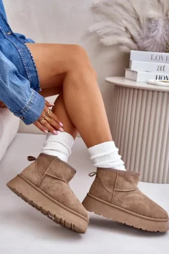 Best Evento Niskie Śniegowce Damskie Na Platformie Ocieplane Futerkiem Beżowe Saldren