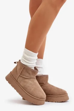 Best Evento Niskie Śniegowce Damskie Na Platformie Ocieplane Futerkiem Beżowe Saldren