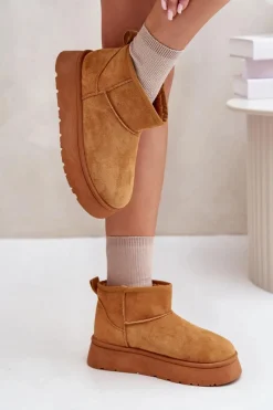 Best Niskie Śniegowce Damskie Na Platformie Ocieplane Futerkiem Camel Saldren Damskie Śniegowce Damskie