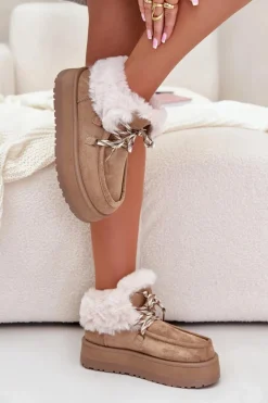 Śniegowce Damskie>Boto Niskie Śniegowce Damskie Na Platformie Z Futerkiem Ciemnobeżowe Neathren Beżowy