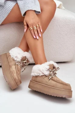 Śniegowce Damskie></noscript>Boto Niskie Śniegowce Damskie Na Platformie Z Futerkiem Ciemnobeżowe Neathren Beżowy