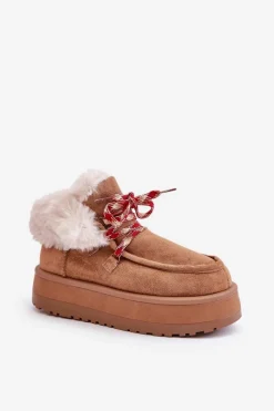 Discount Boto Niskie Śniegowce Damskie Na Platformie Z Futerkiem Camel Neathren Brązowy