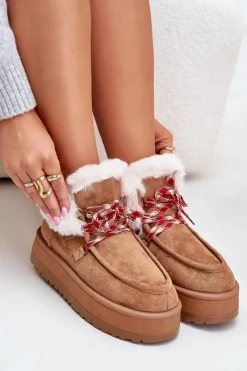 Discount Boto Niskie Śniegowce Damskie Na Platformie Z Futerkiem Camel Neathren Brązowy