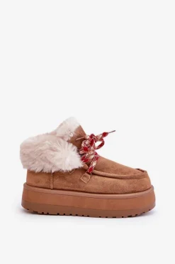 Discount Boto Niskie Śniegowce Damskie Na Platformie Z Futerkiem Camel Neathren Brązowy