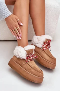 Discount Boto Niskie Śniegowce Damskie Na Platformie Z Futerkiem Camel Neathren Brązowy