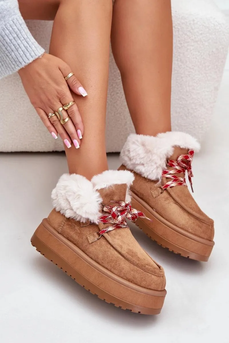 Discount Boto Niskie Śniegowce Damskie Na Platformie Z Futerkiem Camel Neathren Brązowy