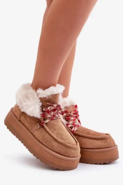Discount Boto Niskie Śniegowce Damskie Na Platformie Z Futerkiem Camel Neathren Brązowy