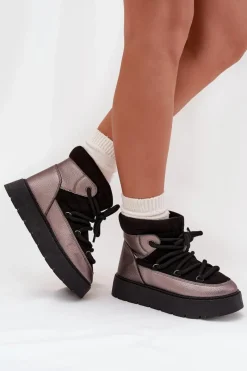 Śniegowce Damskie>Boto Niskie Śniegowce Damskie Ocieplane Futerkiem Z Grubym Wiązaniem Czarne Xarina Czarny