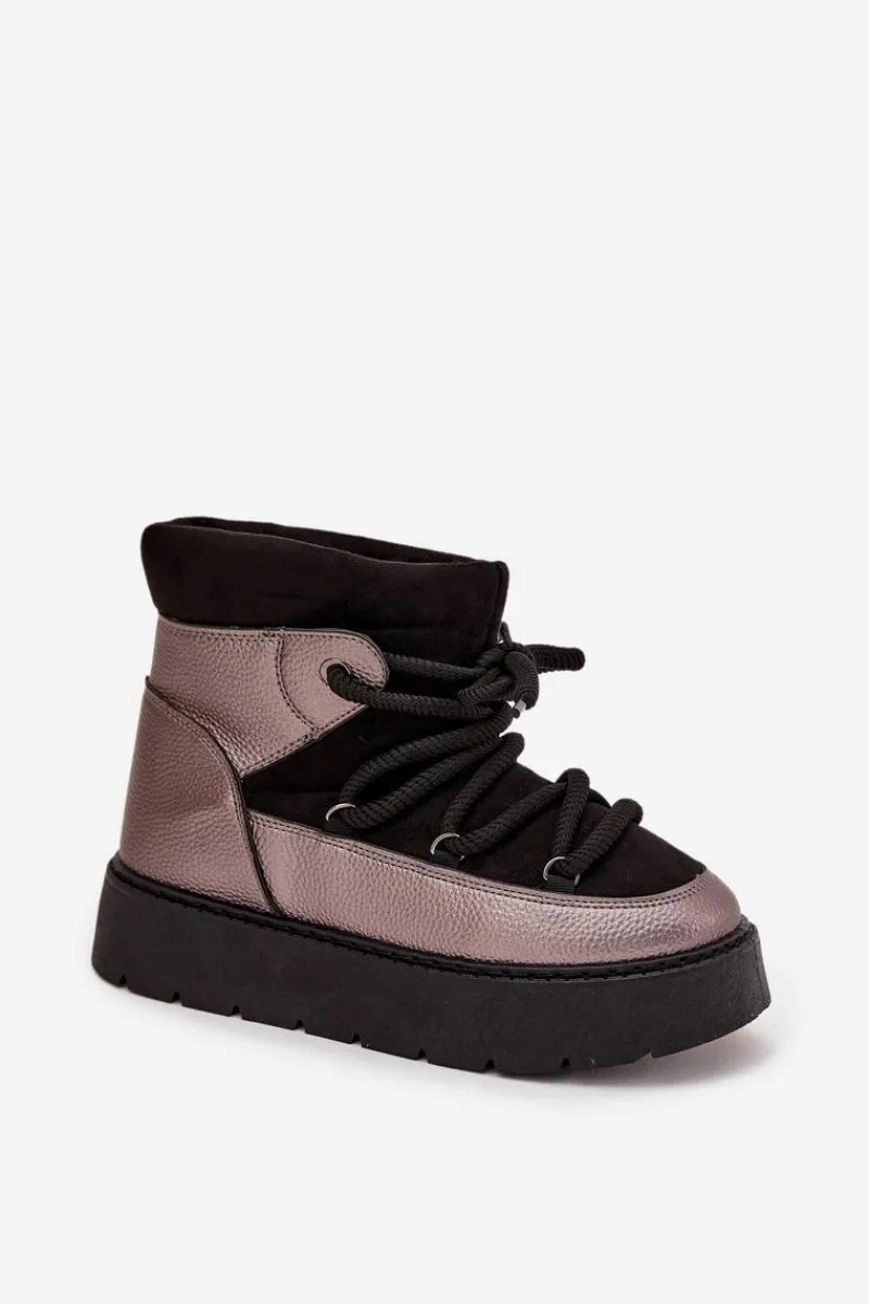 Śniegowce Damskie>Boto Niskie Śniegowce Damskie Ocieplane Futerkiem Z Grubym Wiązaniem Czarne Xarina Czarny