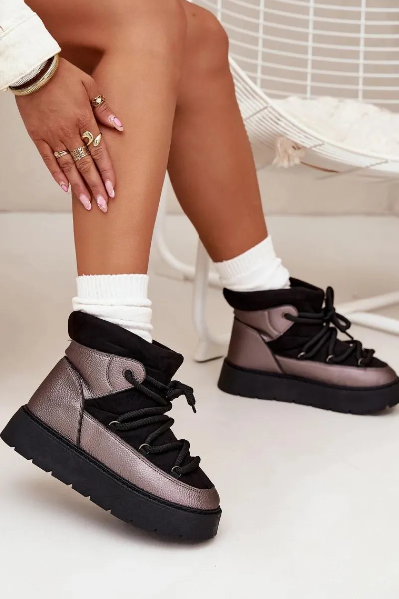 Śniegowce Damskie>Boto Niskie Śniegowce Damskie Ocieplane Futerkiem Z Grubym Wiązaniem Czarne Xarina Czarny