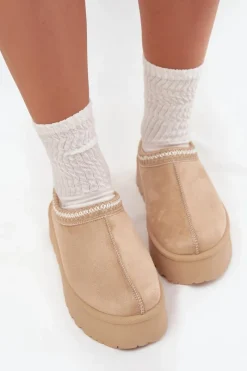 Śniegowce Damskie|Kapcie Klasyczne>Boto Niskie Śniegowce Damskie Z Haftem Na Platformie Jasnobeżowe Narirya Beżowy