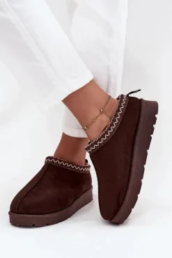 Discount Niskie Śniegowce Damskie Z Haftem Czekoladowe Juvielle Damskie Śniegowce Damskie|Kapcie Klasyczne