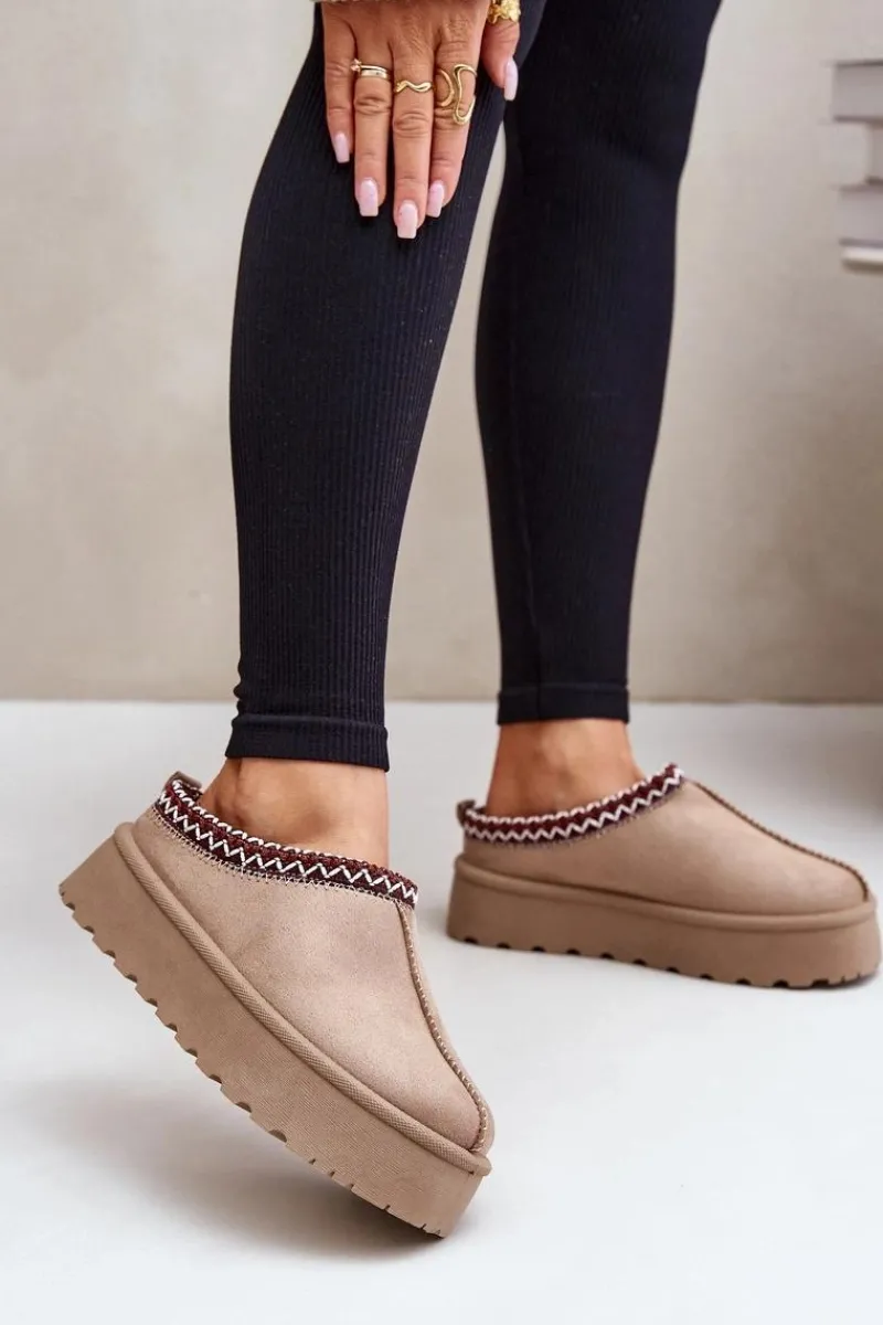 Outlet Boto Niskie Śniegowce Damskie Z Haftem Na Platformie Ciemnobeżowe Narirya