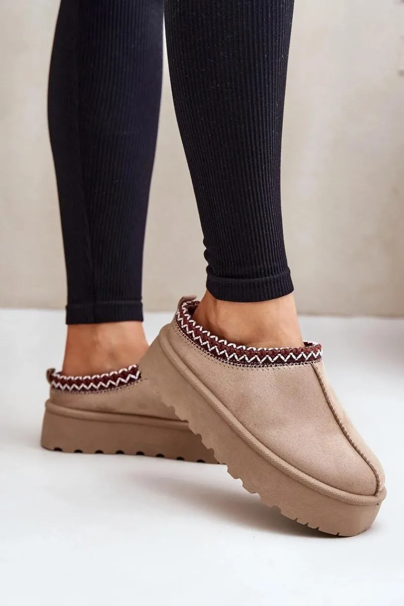 Outlet Boto Niskie Śniegowce Damskie Z Haftem Na Platformie Ciemnobeżowe Narirya