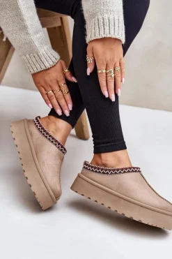 Outlet Boto Niskie Śniegowce Damskie Z Haftem Na Platformie Ciemnobeżowe Narirya