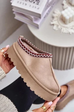 Outlet Boto Niskie Śniegowce Damskie Z Haftem Na Platformie Ciemnobeżowe Narirya