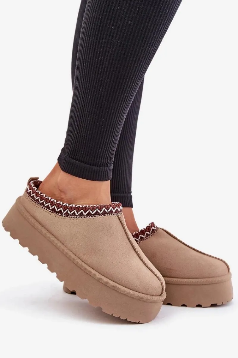 Outlet Boto Niskie Śniegowce Damskie Z Haftem Na Platformie Ciemnobeżowe Narirya