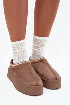 Best Boto Niskie Śniegowce Damskie Z Haftem Na Platformie Ciemnobeżowe Narirya