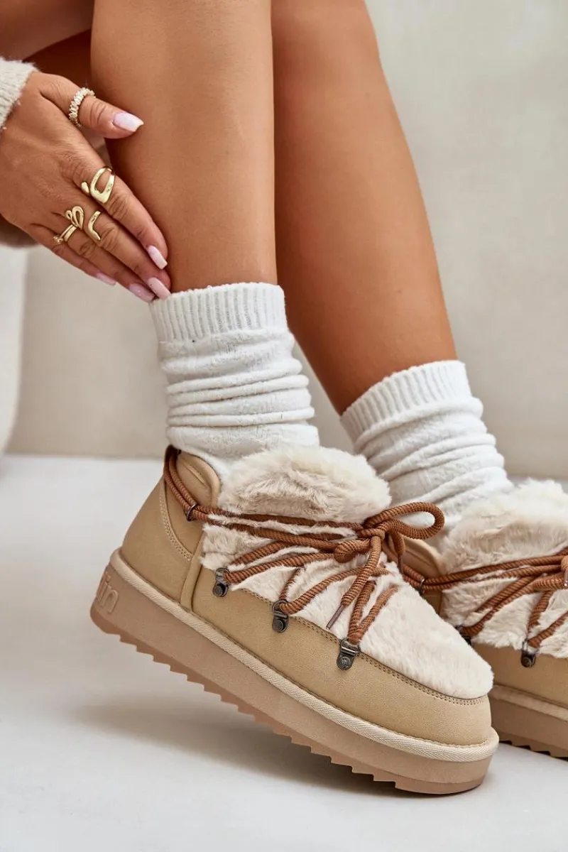 Clearance D.Franklin Niskie Śniegowce Na Platformie Z Futerkiem DFSH370011 Beżowe Beżowy